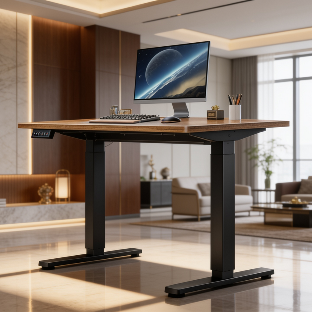 Wood top desk on a black frame with a single monitor in an open office lounge