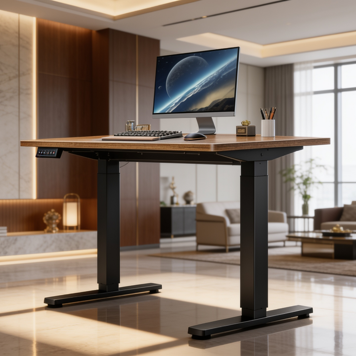 Wood top desk on a black frame with a single monitor in an open office lounge