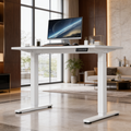White top adjustable desk with a white frame and a monitor raised on a stand