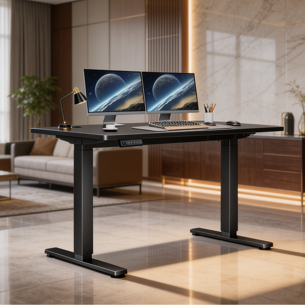 Black electric standing desk holding two monitors with a sofa and wood paneling behind