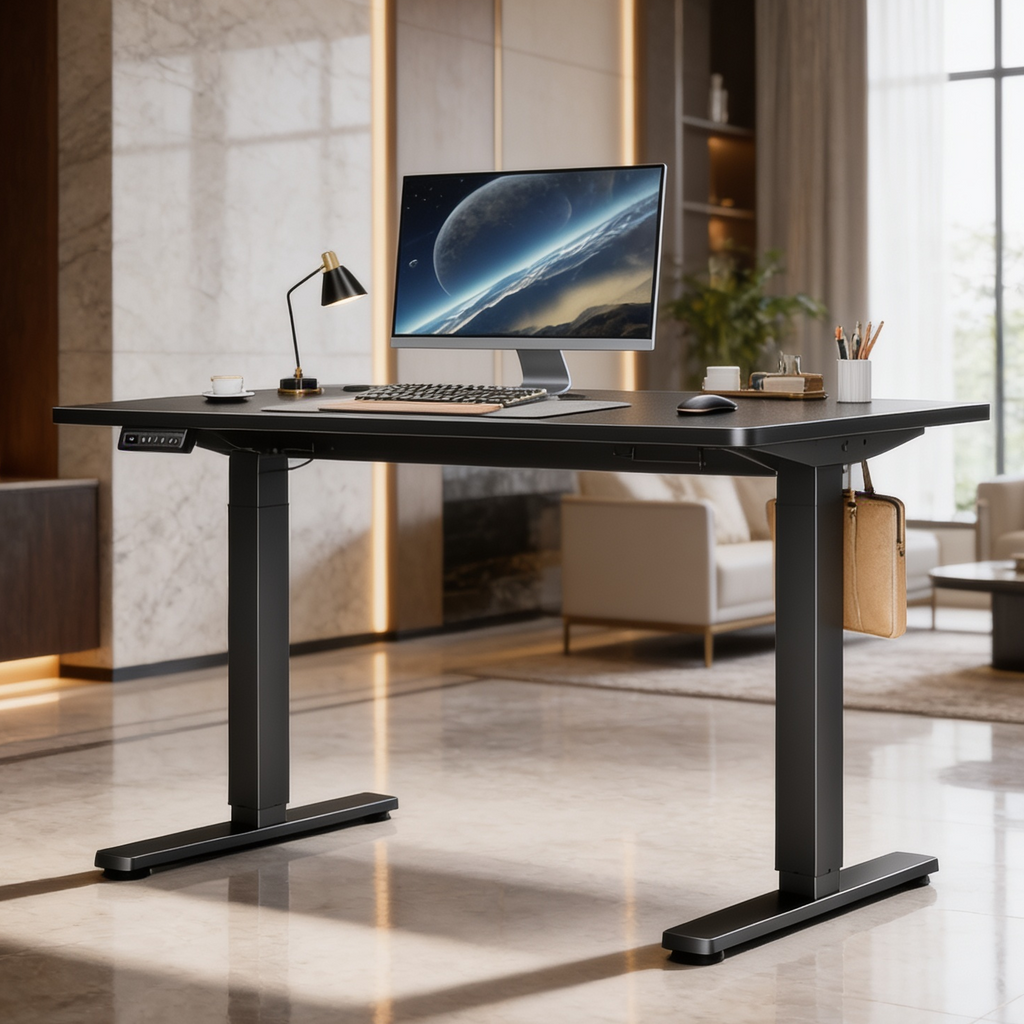 Black top standing desk on a black frame with a monitor and desk lamp in a modern room