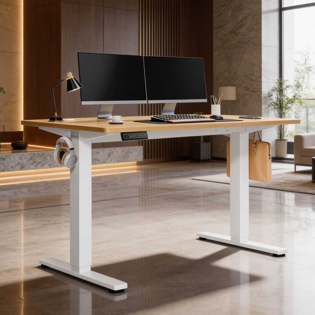 Wood top standing desk on a white frame with dual monitors and a headphone hook