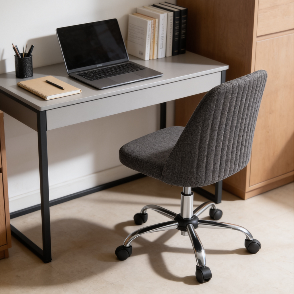 Gray armless swivel chair rolled up to a white desk with a laptop and a stack of books