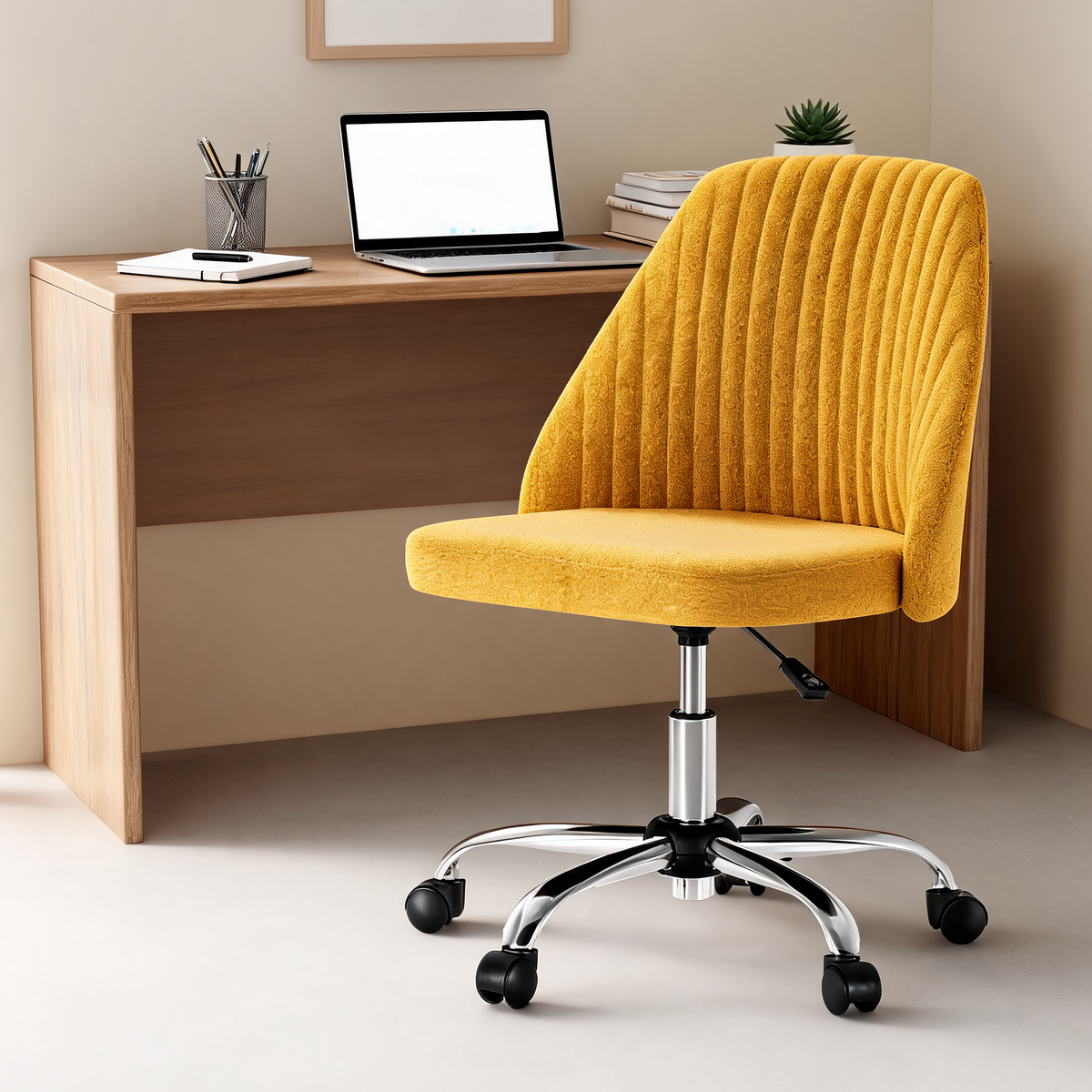 Yellow ribbed vanity chair tucked under a wooden corner desk with a laptop and small plant
