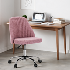 Pink armless chair at a wooden desk with a laptop, books and a potted plant