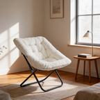 Cream faux fur saucer chair beside a window with a round side table holding stacked books