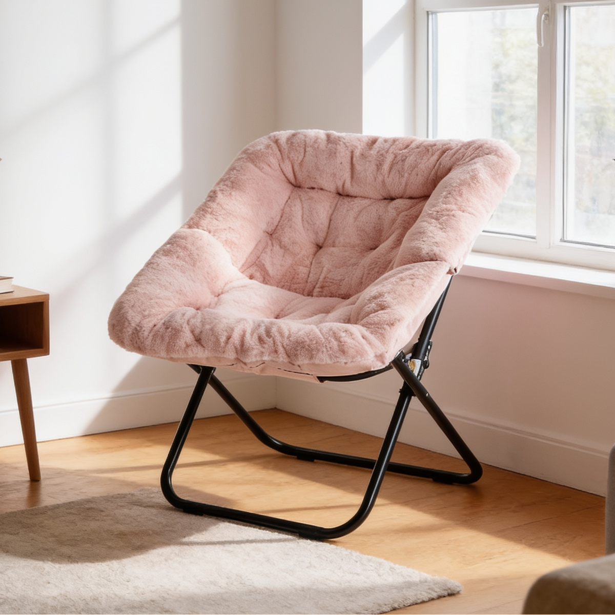 Pink faux fur saucer chair with a folding metal frame on a wood floor near a bright window