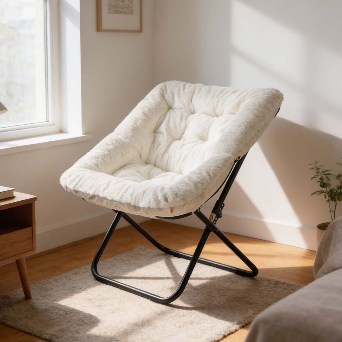 Cream saucer chair angled on a woven rug with a potted plant and the edge of a sofa behind