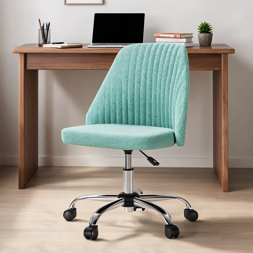 Mint green vanity chair seen from across the room at a wooden desk with a dark laptop