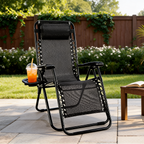 Black zero gravity lounge chair on a patio, iced drink on its tray and a wooden side table nearby