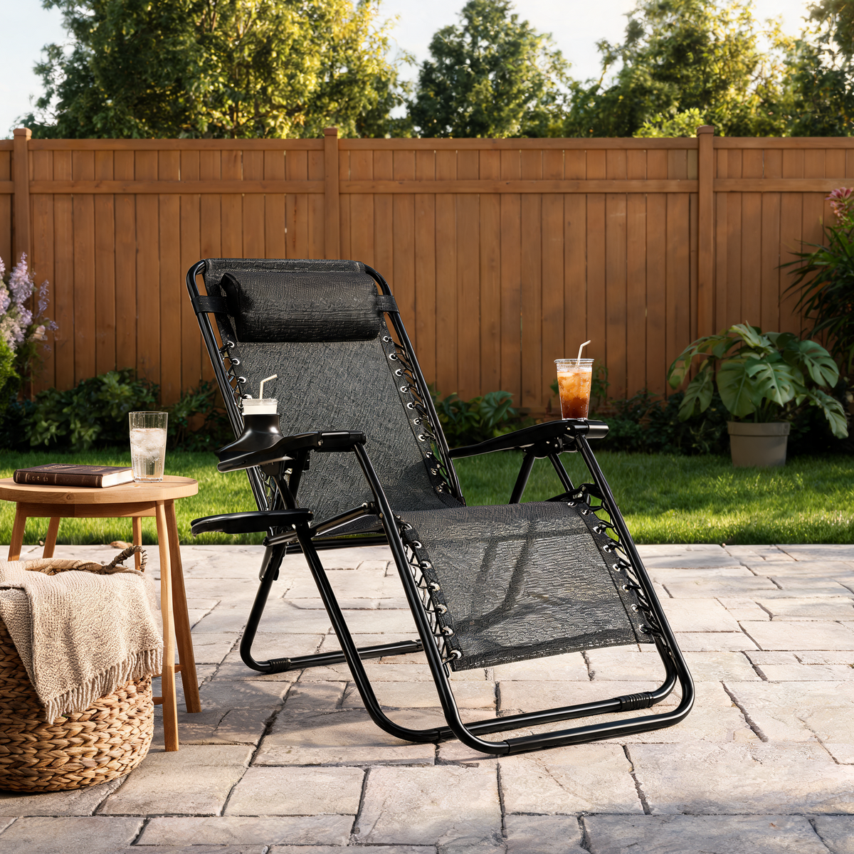 Black folding recliner on a patio in front of a wood fence with snacks resting on the side tray