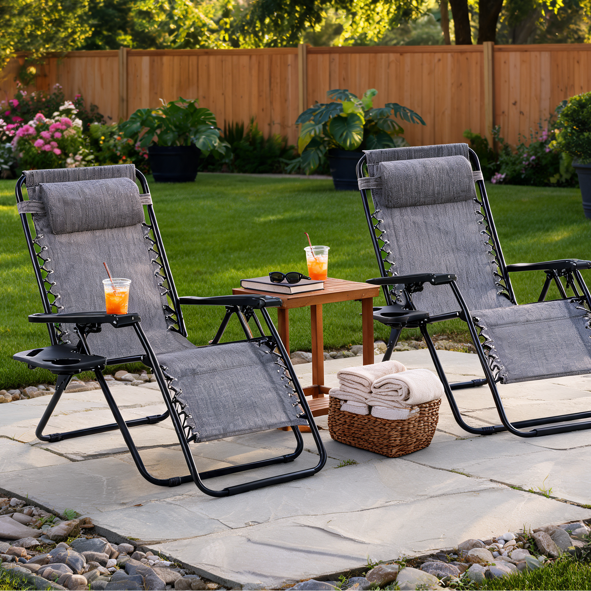 Two gray mesh zero gravity loungers with a wooden side table on a lawn