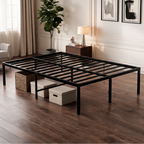 Black metal platform bed frame with slats and storage boxes tucked underneath