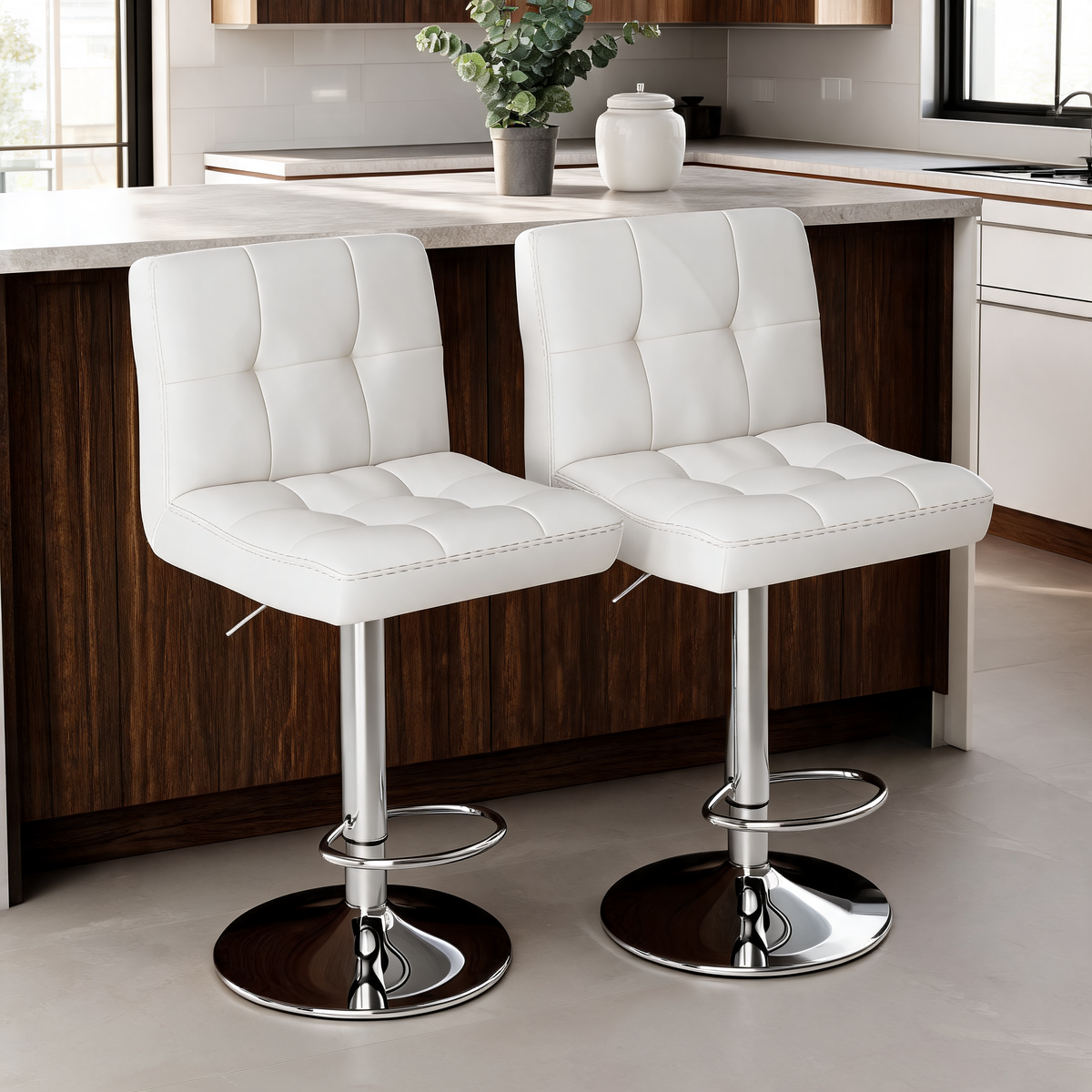 Two white stools at a wood counter with open shelving and plants in the background