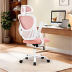 Pink mesh chair with a white frame at a wooden desk holding a monitor and a small plant