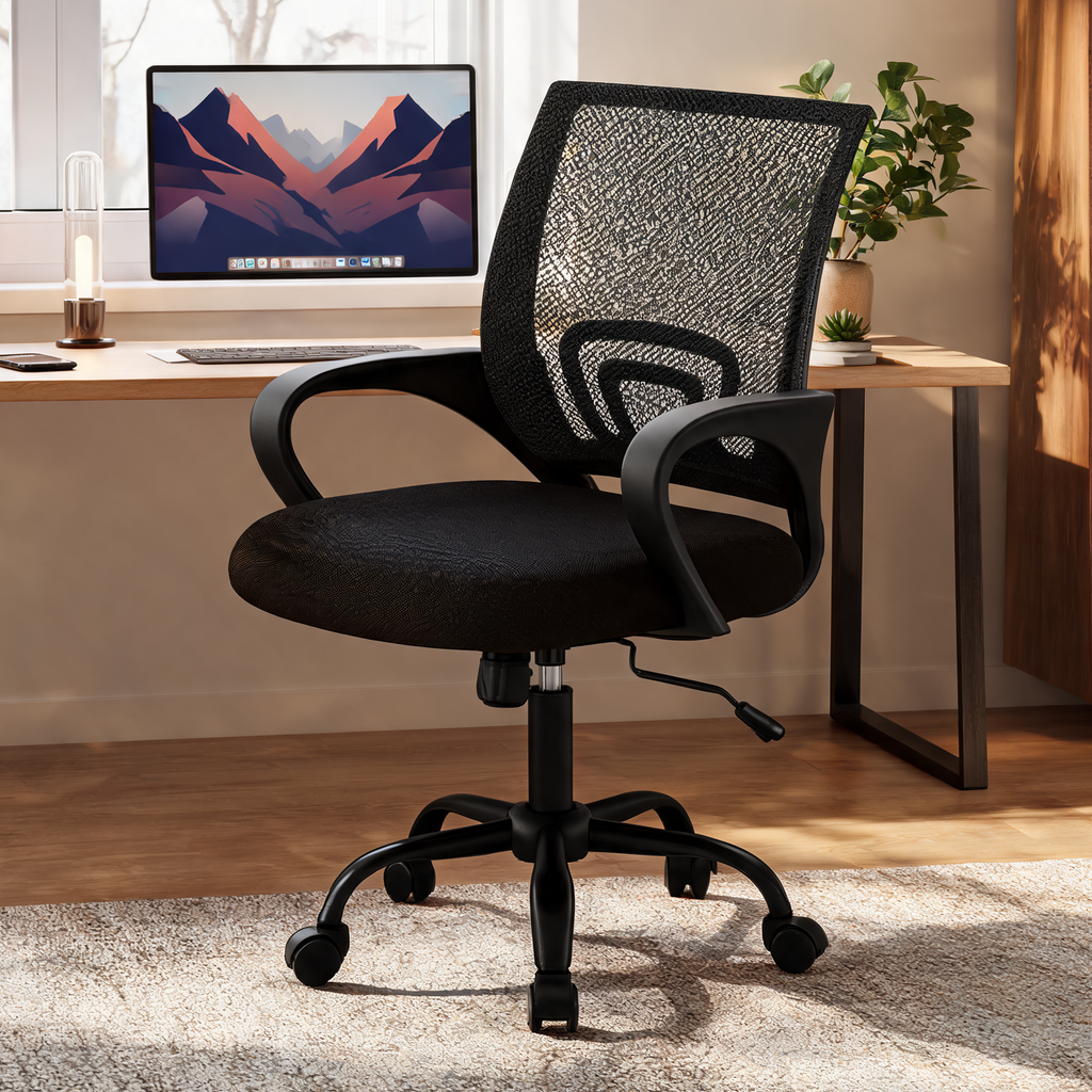 Black mesh back office chair with loop arms in front of a desk and monitor