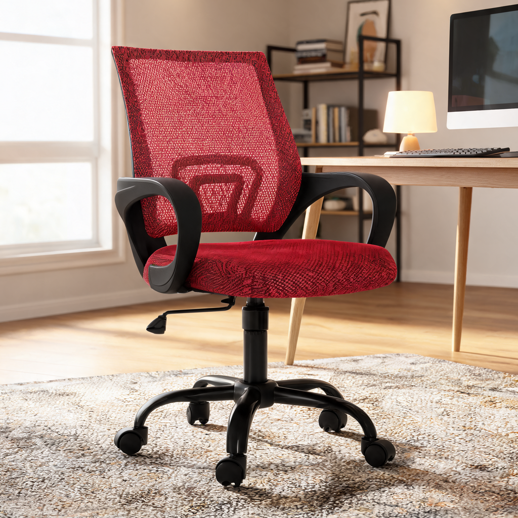 Red mesh back office chair in a room with open shelving and a television