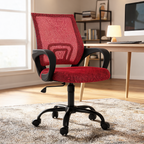 Red mesh back office chair in a room with open shelving and a television
