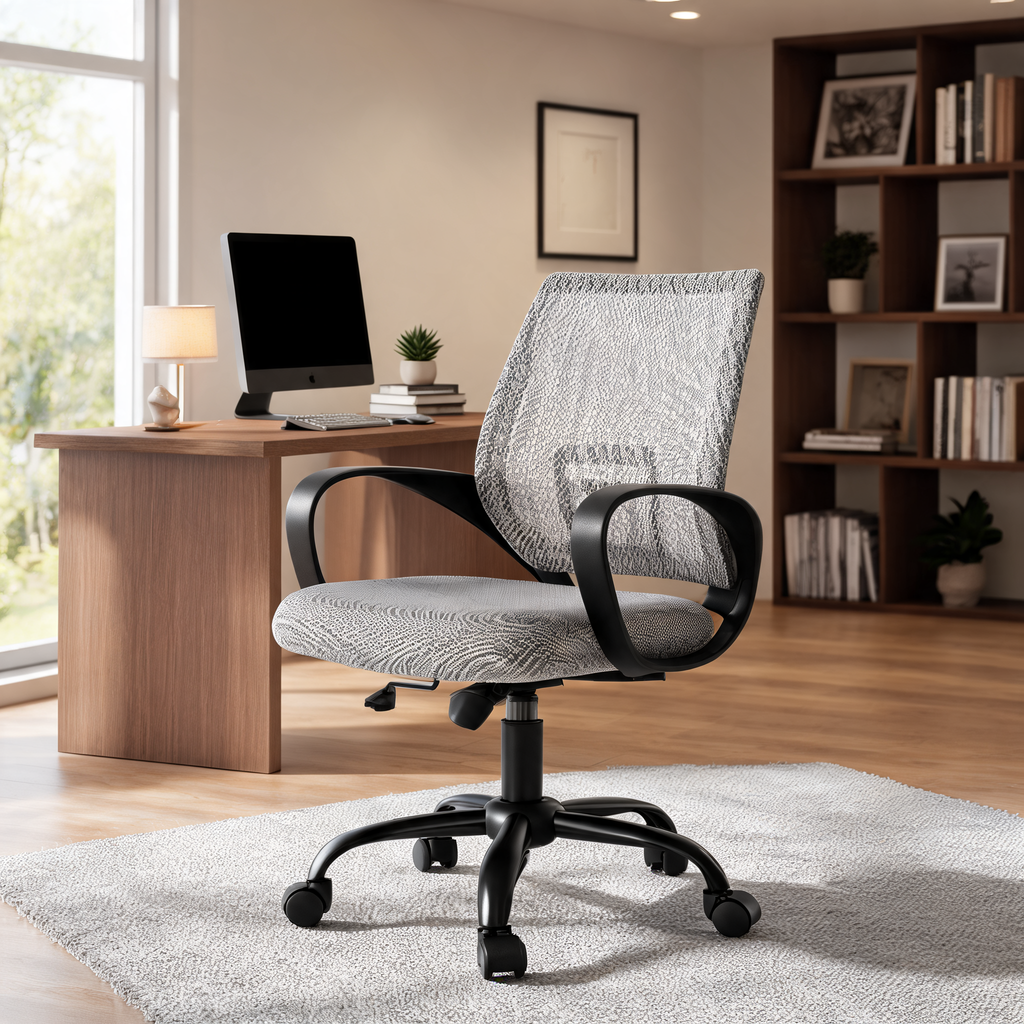 Gray mesh back office chair angled beside a wood desk and a bookcase