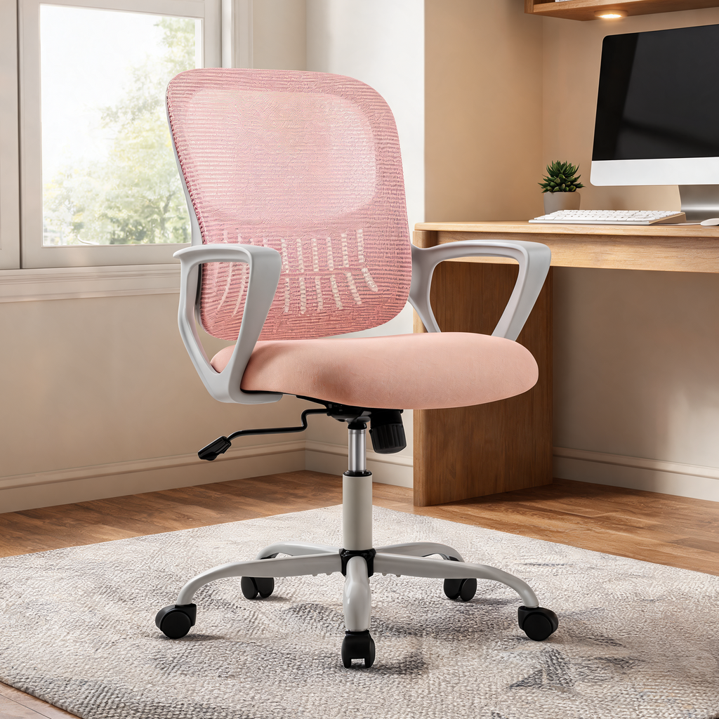 Pink mesh back task chair with a white base and white arms in a bright home office