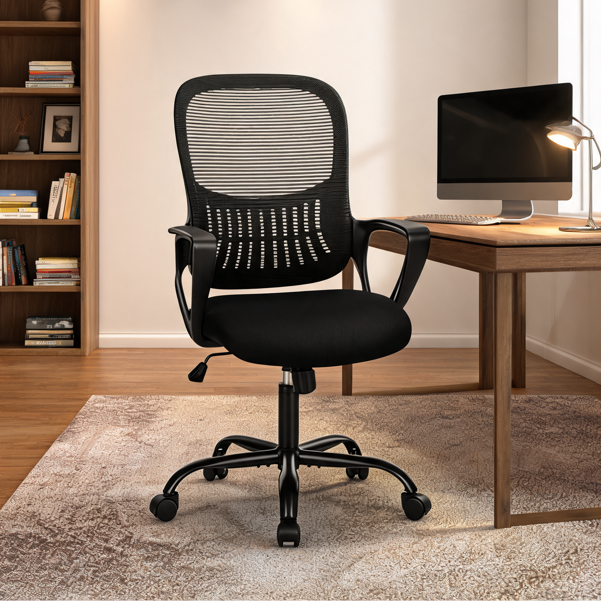 Black seat task chair with gray mesh back at a wooden desk with a monitor and bookshelves