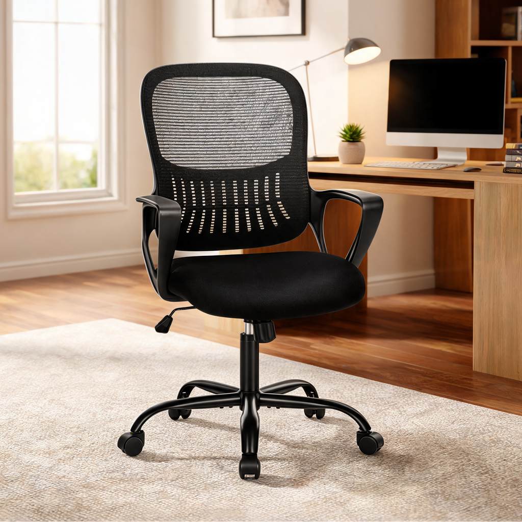 Black office chair with gray mesh back and flip up arms in front of a light wood desk