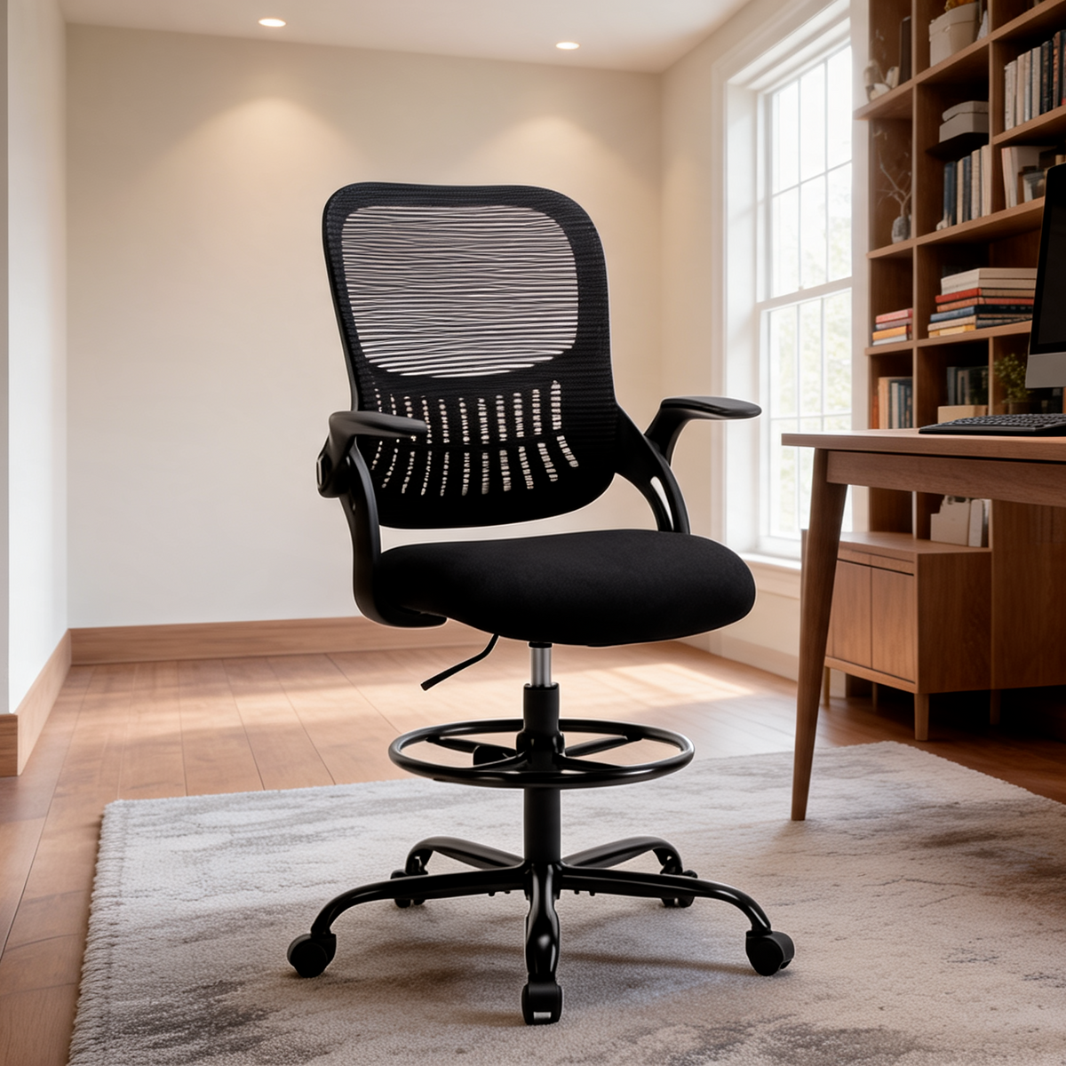 Black mesh drafting chair with a footring shown alone on a rug in an empty bright room
