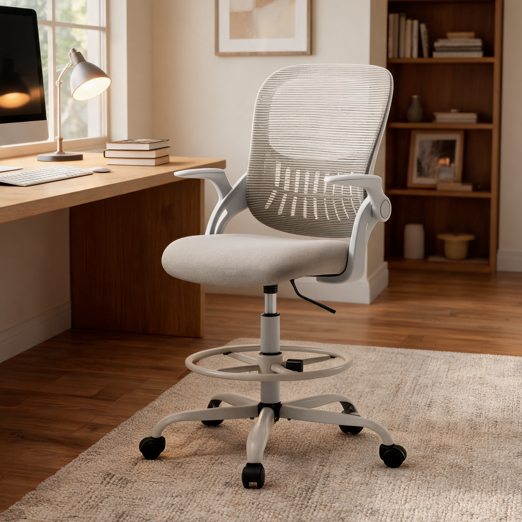 Light gray drafting chair with a white footring pulled up to a long white desk