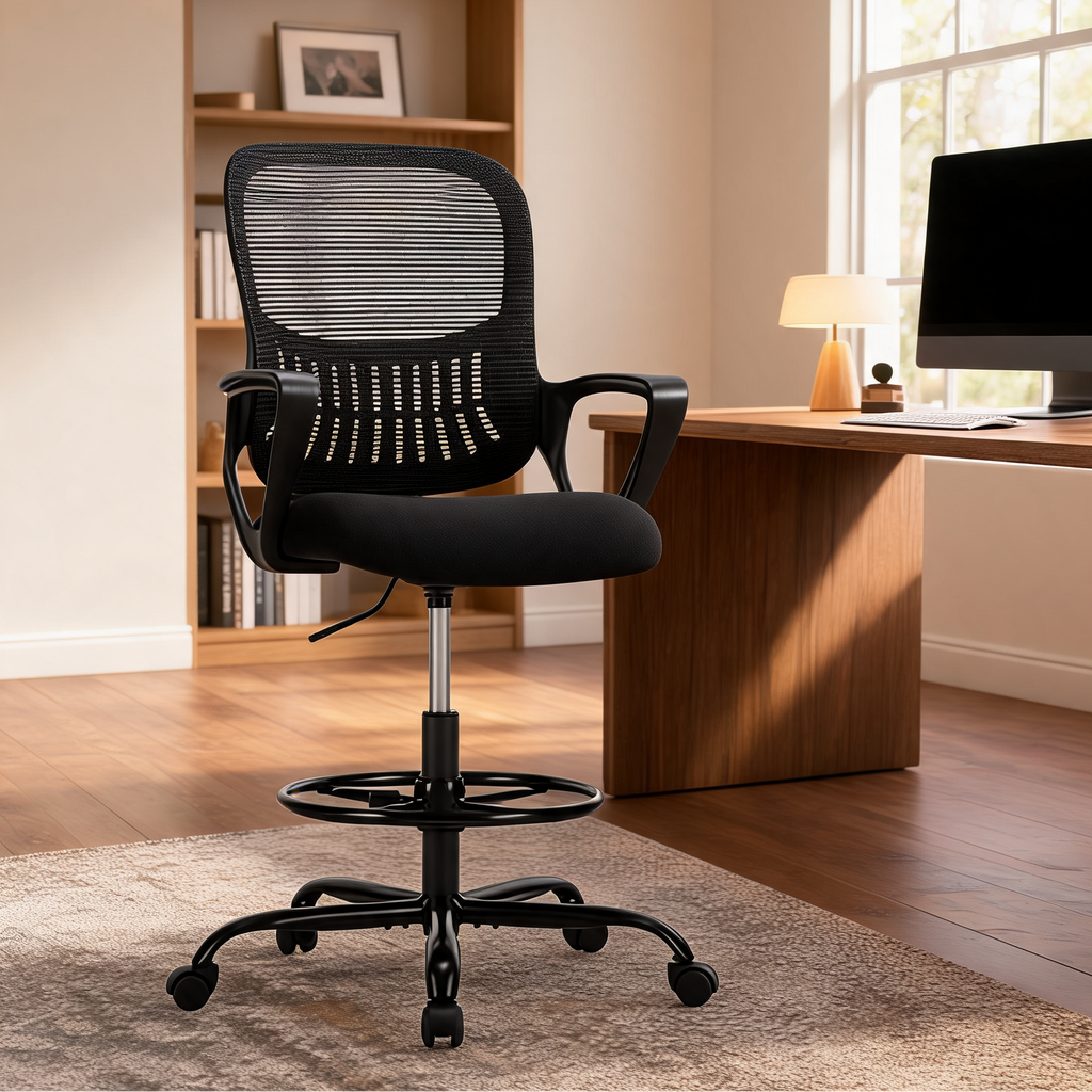 Tall black drafting chair with a metal footring standing on a wood floor by a bookcase