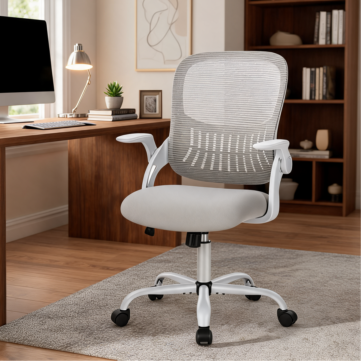 Gray mesh chair with a padded seat parked next to a dark wood bookcase and desk