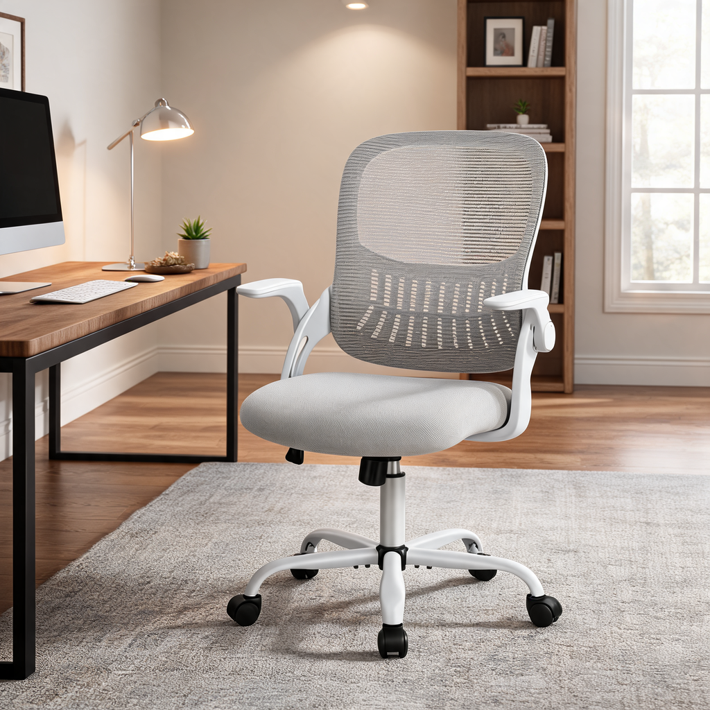 Gray mesh chair with white frame turned toward a wooden corner desk on a pale rug