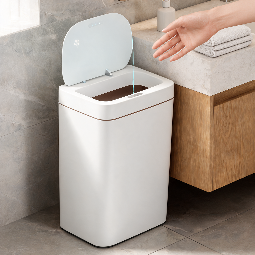 Hand holding folded towels above the open lid of the white sensor trash can