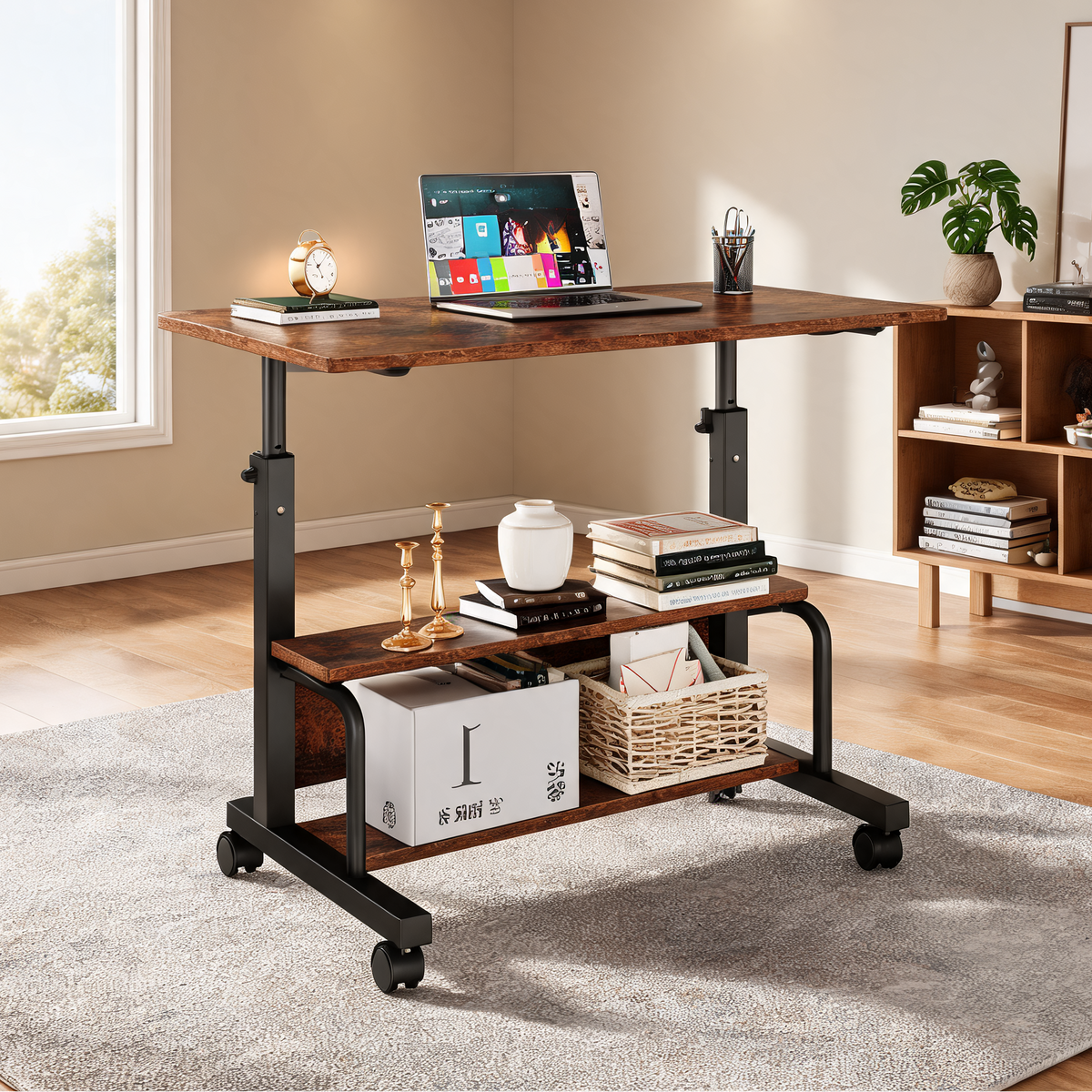 Rustic brown rolling standing desk holding a laptop with books on the lower shelf