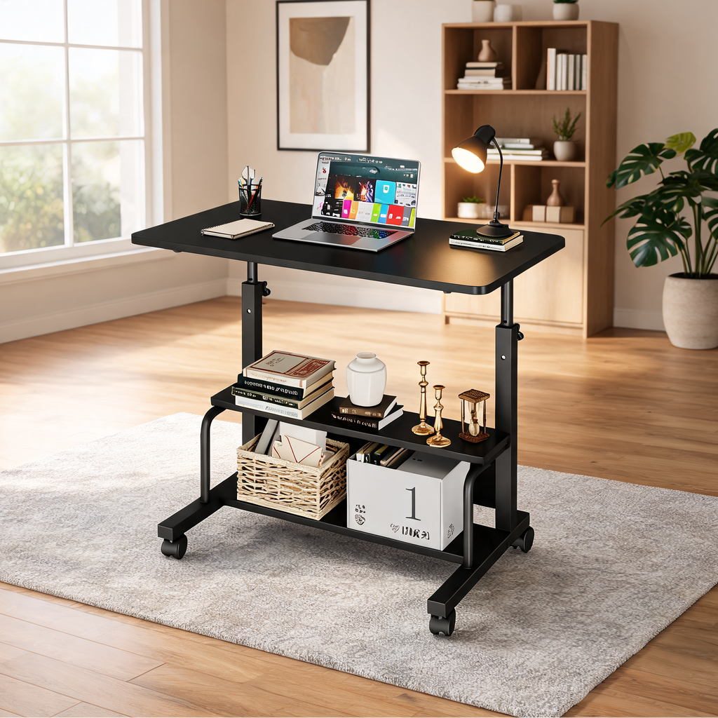 Black rolling standing desk with a laptop in a living room with a bookcase