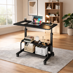 Black rolling standing desk with a laptop in a living room with a bookcase