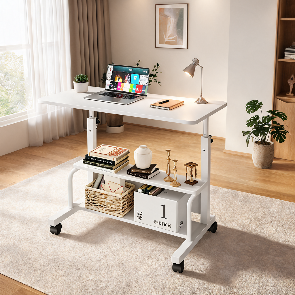 White rolling standing desk with a laptop and a lamp in a bright room