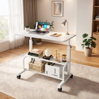 White rolling standing desk with a laptop and a lamp in a bright room