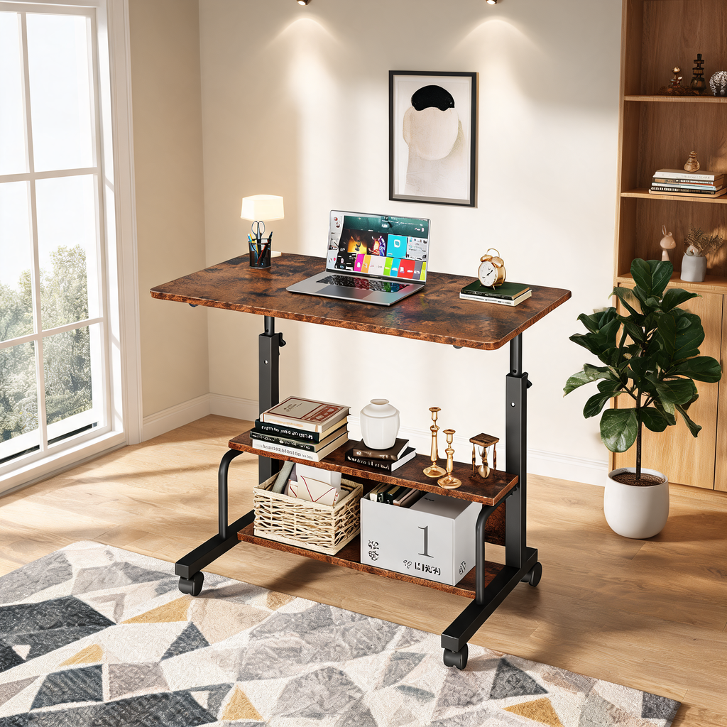 Brown rolling desk with a laptop and lamp on a patterned rug beside a plant