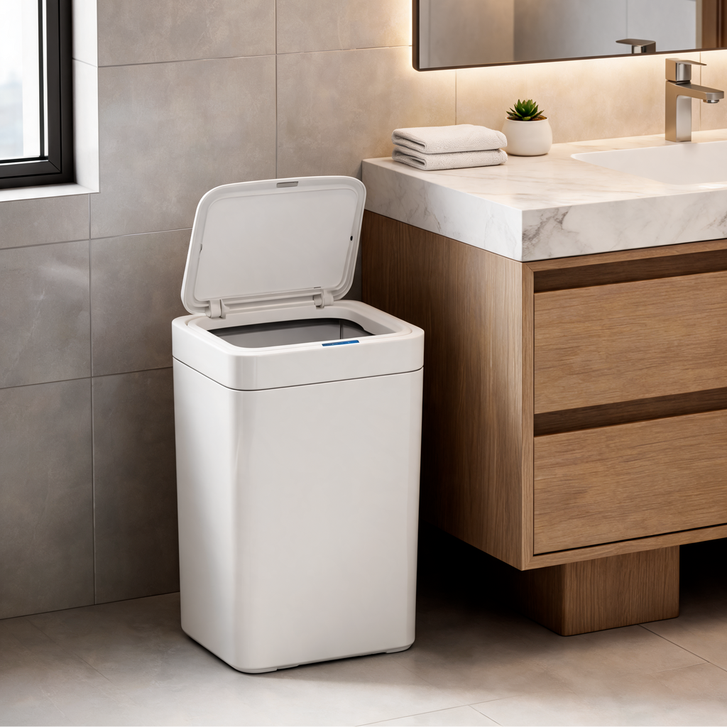 Open white sensor trash can standing on tile beside a wood vanity and window