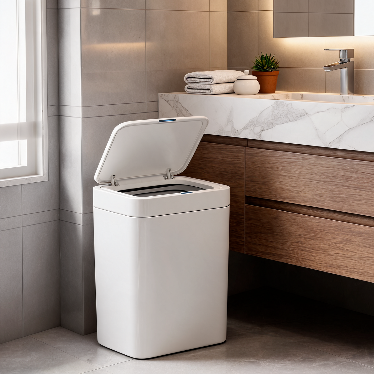 White sensor trash can with the lid open next to a wood vanity and a window