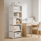 White five tier shelf unit standing beside a desk and chair in a bright study