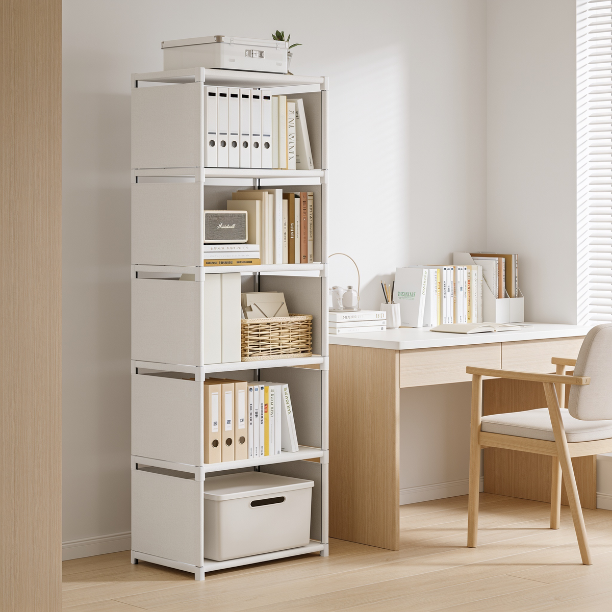 White five tier shelf unit standing beside a desk and chair in a bright study