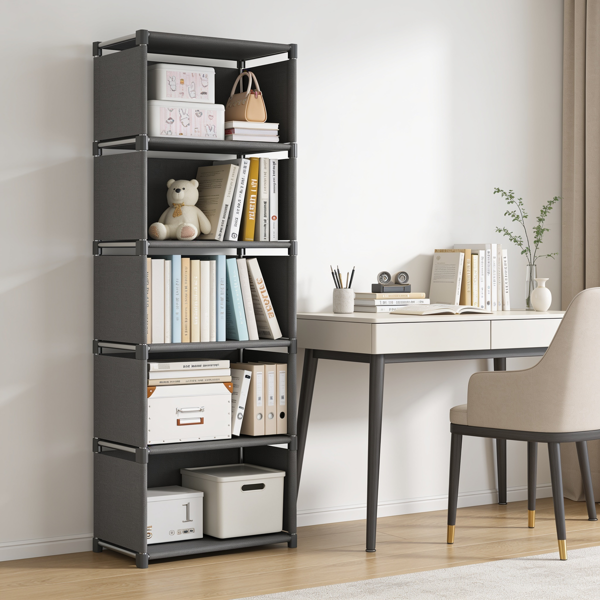 Dark gray five tier shelf unit standing beside a desk in a bright bedroom corner