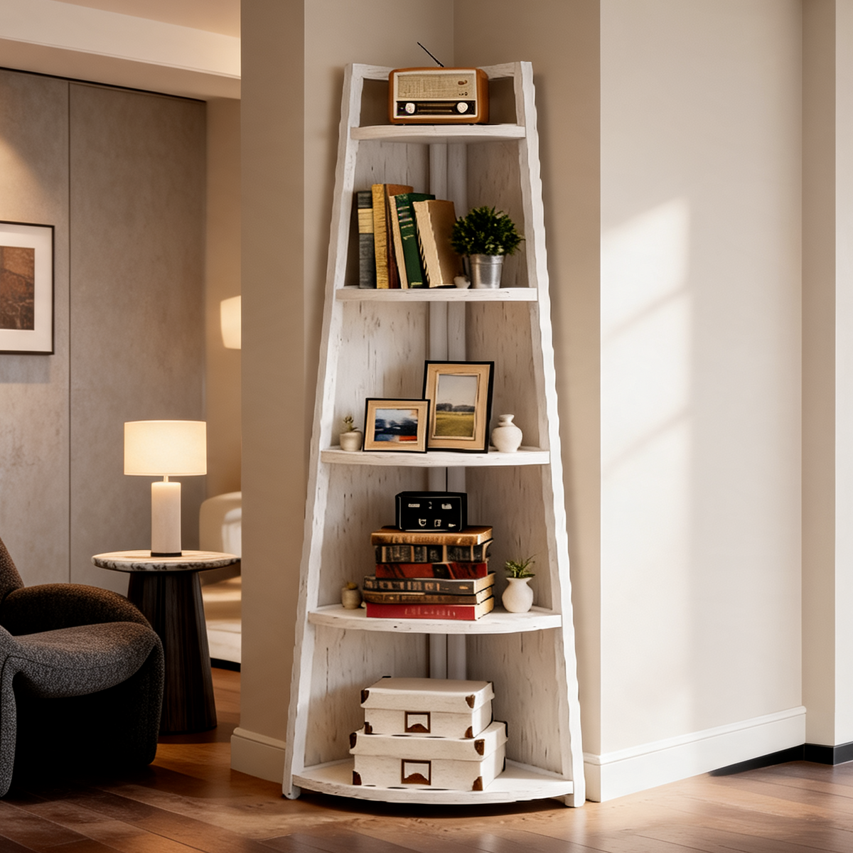 Five Tier Corner Shelf, 178 cm / 70.1 in Tall Ladder Bookcase with Curved Front Shelves, 90 Degree Back, for Living Room and Bedroom