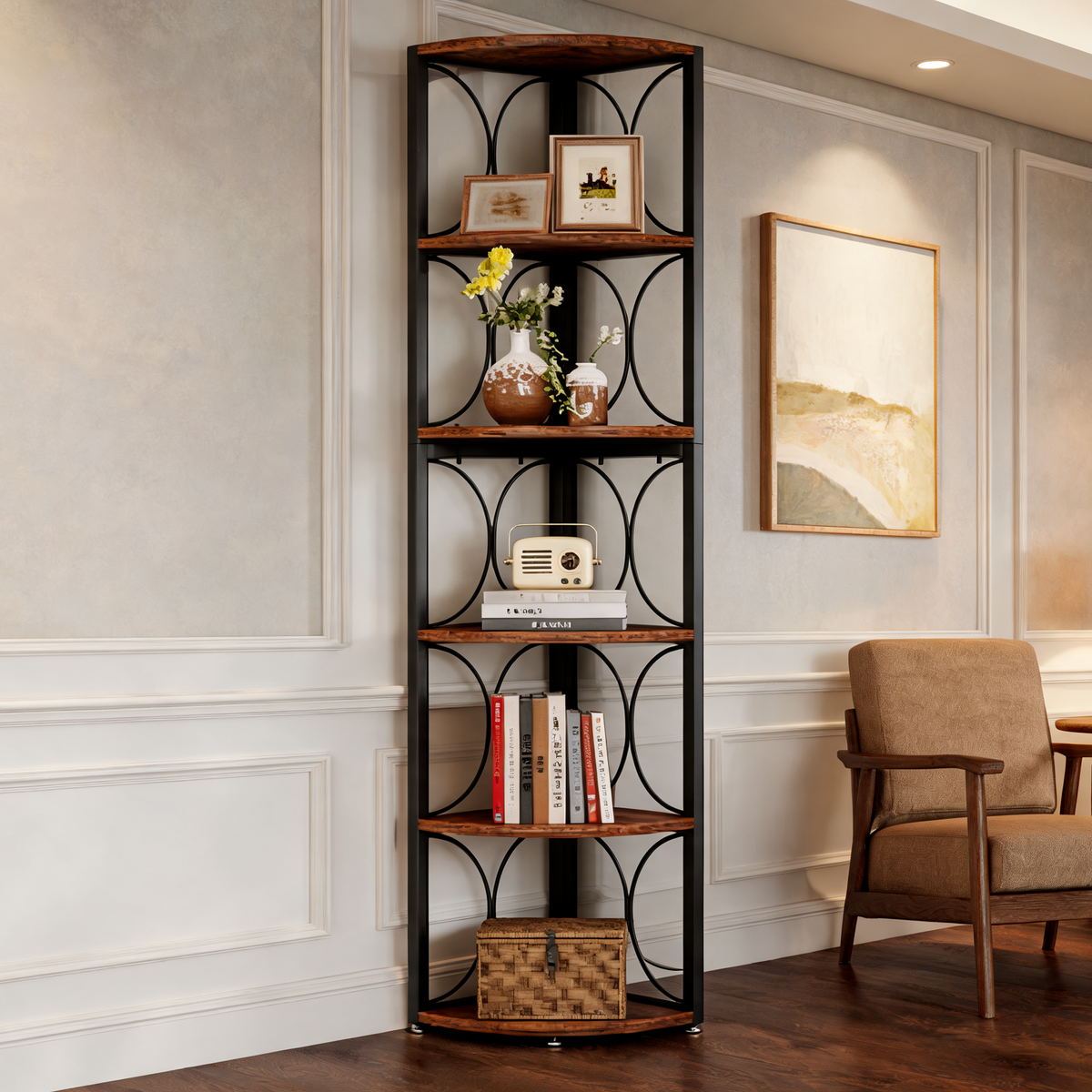 Rustic Corner Shelf, 6 Tier Quarter Circle Wood and Black Metal Corner Bookcase 170 cm / 67 in Tall, Chocolate Shelving for Living Room and Study