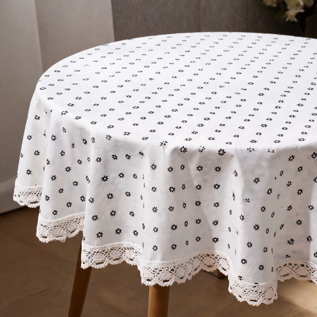 Round Floral Tablecloth, Printed Polyester with Tassel Trim for Farmhouse Dining, Picnics and Parties, 90 to 150 cm / 35.4 to 59.1 in