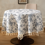 Round Floral Tablecloth, Printed Polyester with Tassel Trim for Farmhouse Dining, Picnics and Parties, 90 to 150 cm / 35.4 to 59.1 in