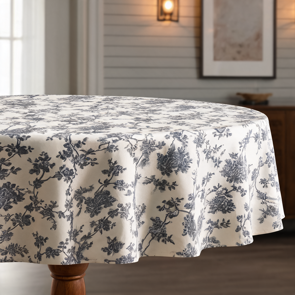Round Floral Tablecloth, Printed Polyester with Tassel Trim for Farmhouse Dining, Picnics and Parties, 90 to 150 cm / 35.4 to 59.1 in