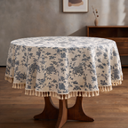 Round Floral Tablecloth, Printed Polyester with Tassel Trim for Farmhouse Dining, Picnics and Parties, 90 to 150 cm / 35.4 to 59.1 in