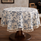 Round Floral Tablecloth, Printed Polyester with Tassel Trim for Farmhouse Dining, Picnics and Parties, 90 to 150 cm / 35.4 to 59.1 in